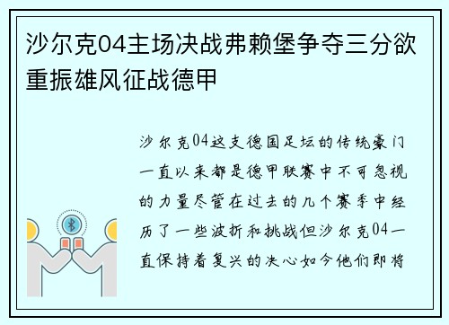 沙尔克04主场决战弗赖堡争夺三分欲重振雄风征战德甲
