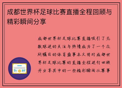 成都世界杯足球比赛直播全程回顾与精彩瞬间分享